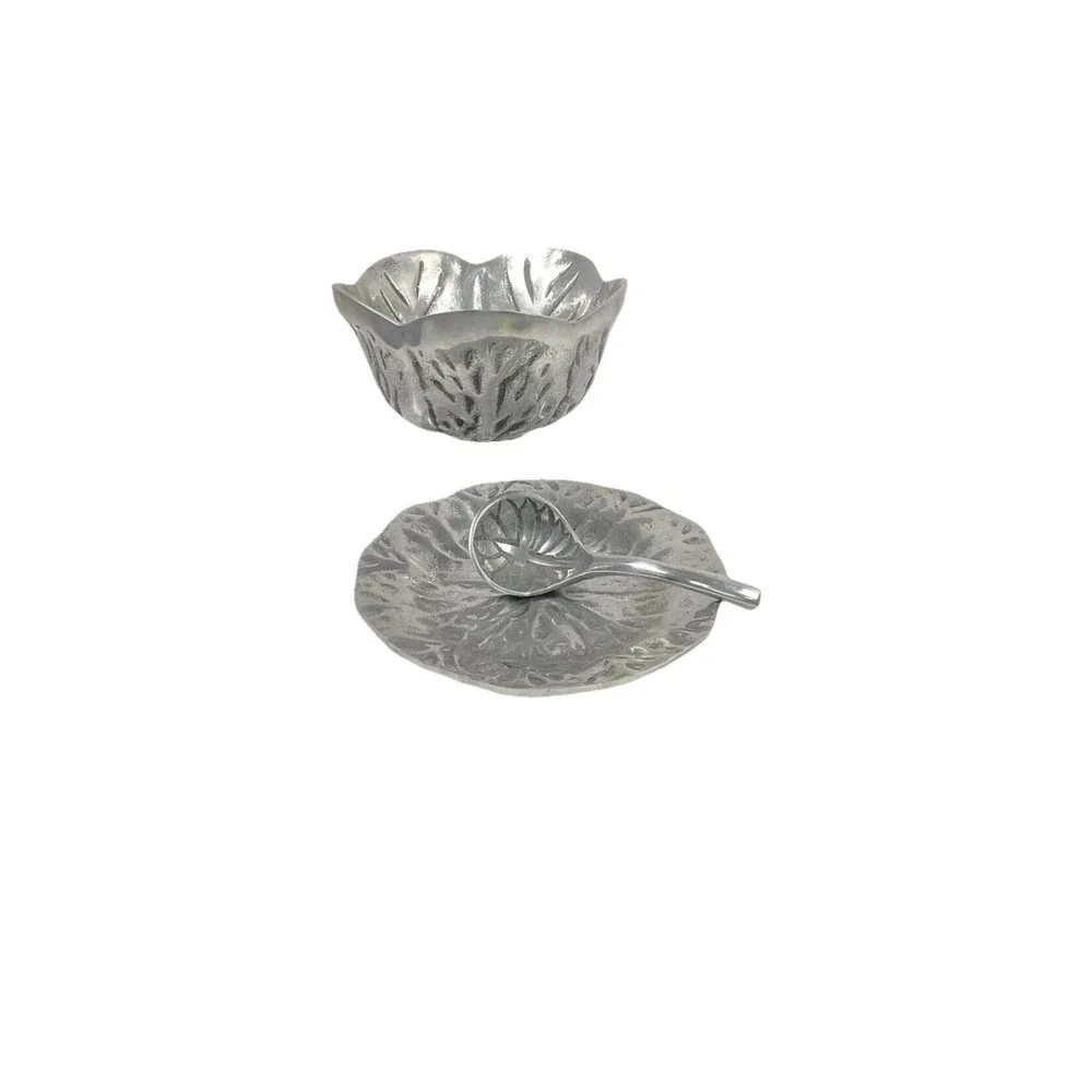 Vintage Cabbage Leaf Bowl, Saucer, And Spoon Aluminum Serving Set India